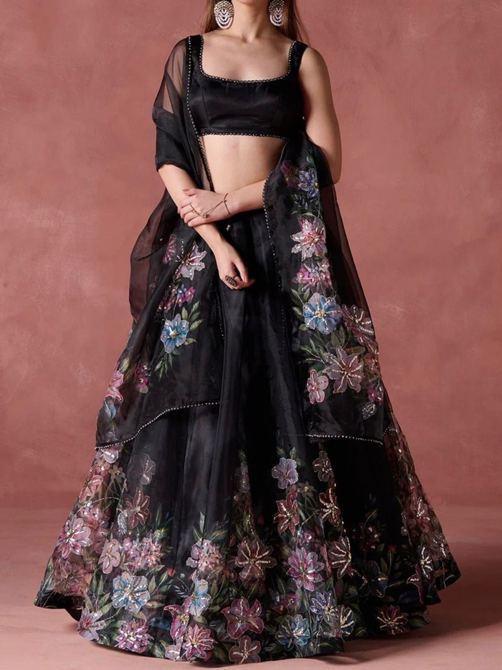 Black Multicolor Floral Printed Lehenga